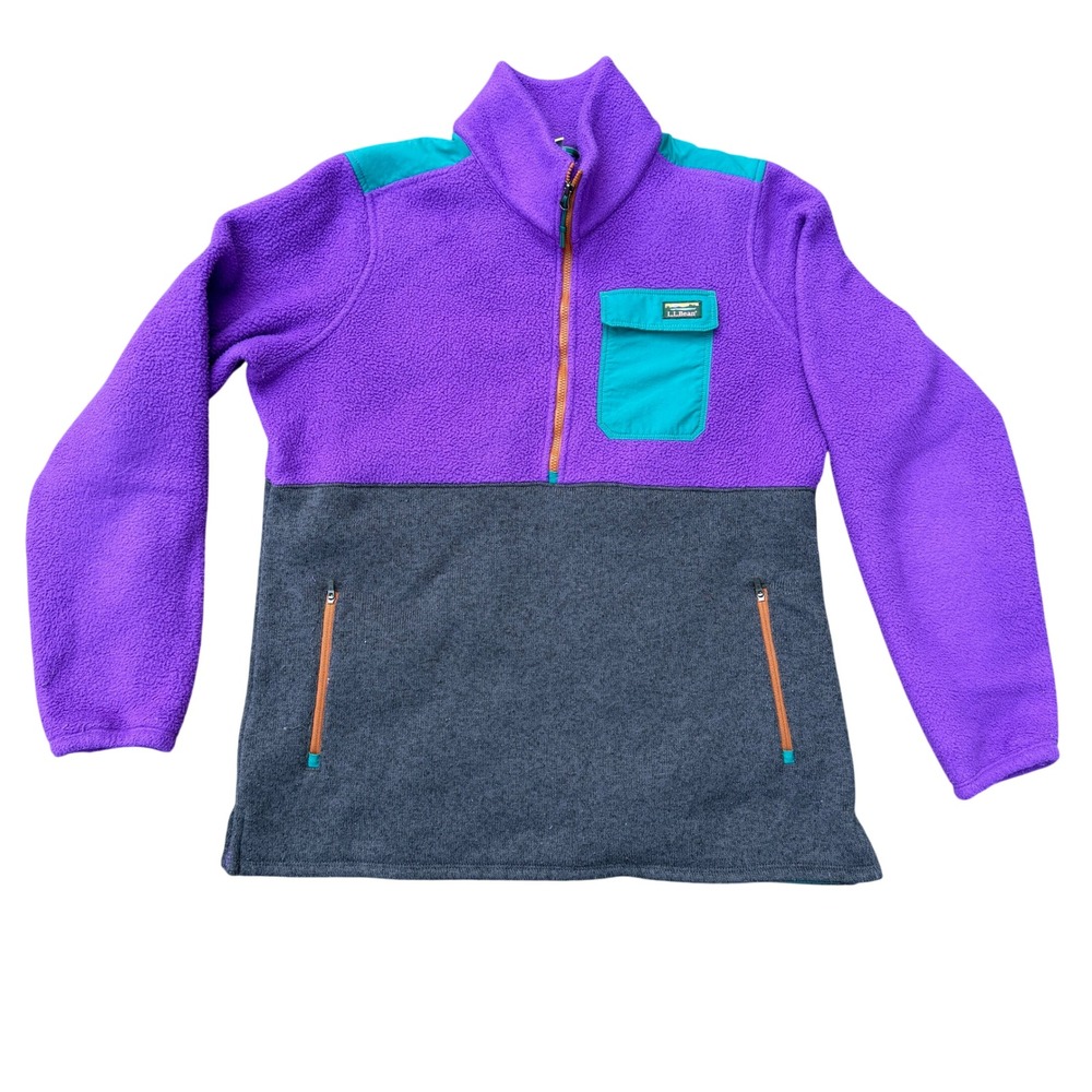 L.L.Bean Womens Medium Fleece‎ Pullover Purple Gray 1/2 Zip Color Block Vintage